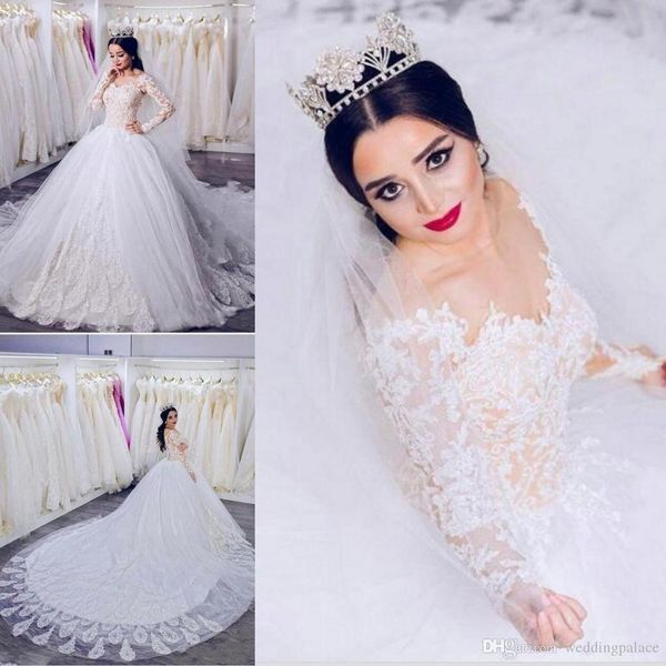 

arabic dubai ball gown wedding dresses 2020 gorgeous long sleeve appliques vestido de novia tiers tulle plus size wedding bridal gowns, White