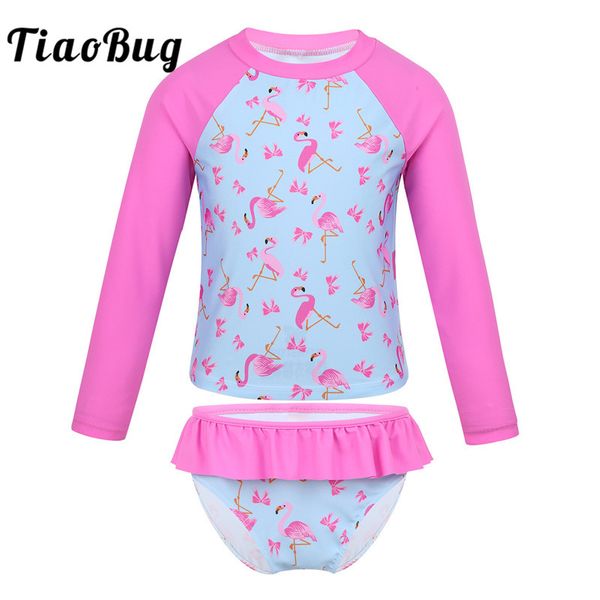 

tiaobug kids girls tankini long sleeves flamingo printed rashguard swimsuit ruffled briefs set beach bathing suits swimwear