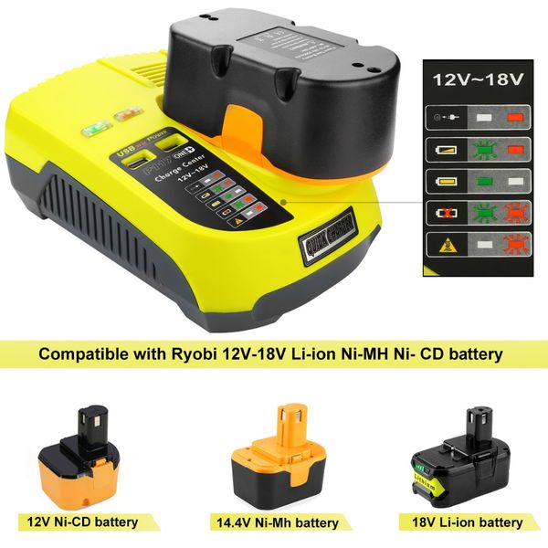 

universal battery charger replacement eu plug for ryobi one+ battery 12v 18v ni-cd ni-mh li-ion charger p711 2 usb ports