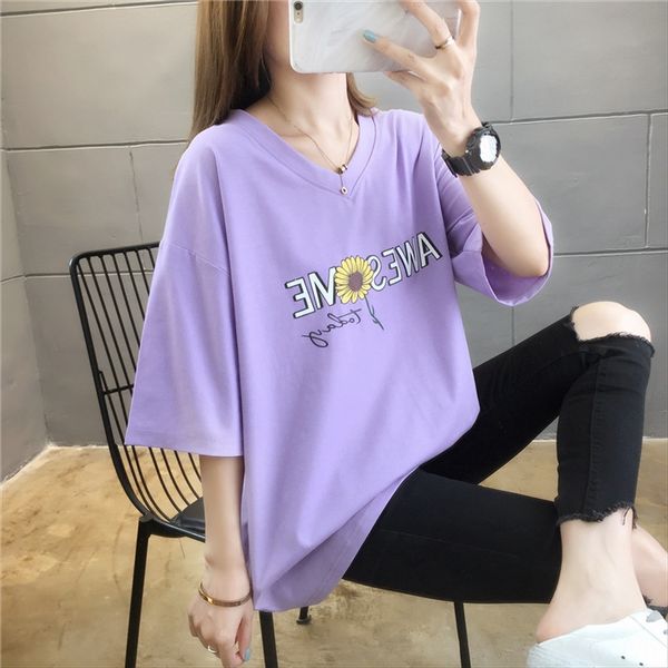 

2020 taro purple summer clothes 200 jin fat mm large size v-neck daisy t-shirt women's short sleeves, White