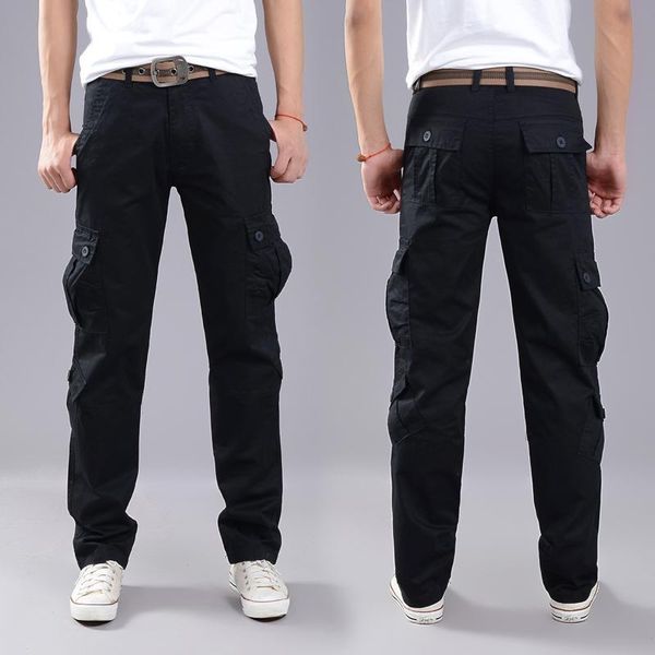 

solid mens multi-pocket harem hip hop casual trousers fashion brand ripped joggers cargo pants harajuku streetwear new, Black