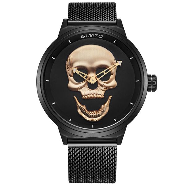 

men's watch gold skull skeleton three dimensional dial black bangle mesh strap luxury watches quartz watch army sports punk wristwatch, Slivery;brown