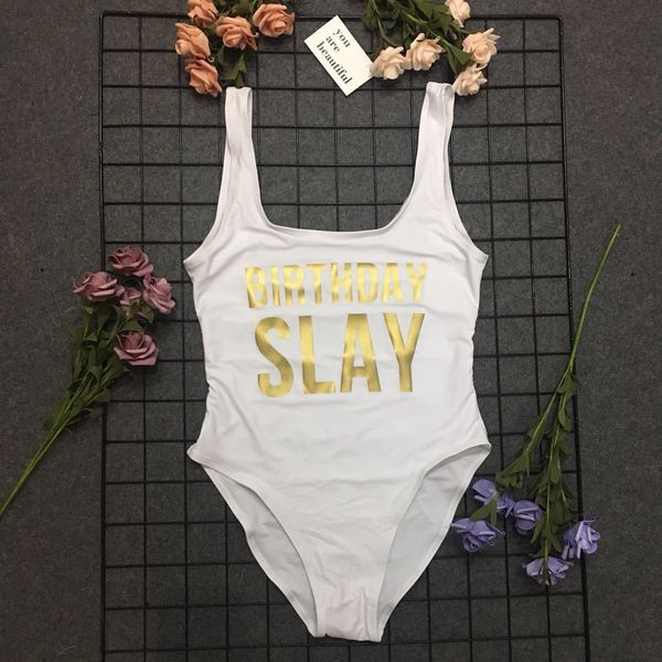 

birthday slay gold print bikini one-piece swimsuit personalized one-piece swimsuit unbacked bikini, White;black