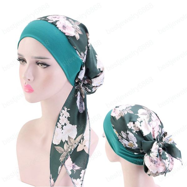 

muslim hijab for women floral print pre-tied headwear wide band bowknot turabn for women sliky satin bandana chemo cancer cap, Blue;gray