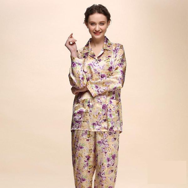 

cearpion spring autumn print flower women pajamas set elegant silk long sleeve nightwear casual daily home clothes shirt+pant, Blue;gray