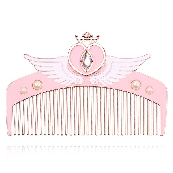 

cute pink sailor moon makeup comb for lady girl metal hair comb with crystal wing/heart shape gueen gift, Silver
