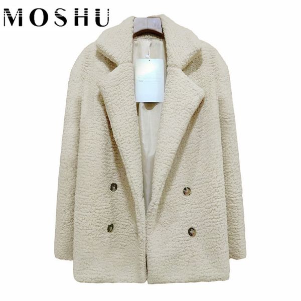 

teddy coat woman winter overcoat thick faux fur jackets female warm lapel coats long sleeve fluffy comfy with pockets plus size, Black