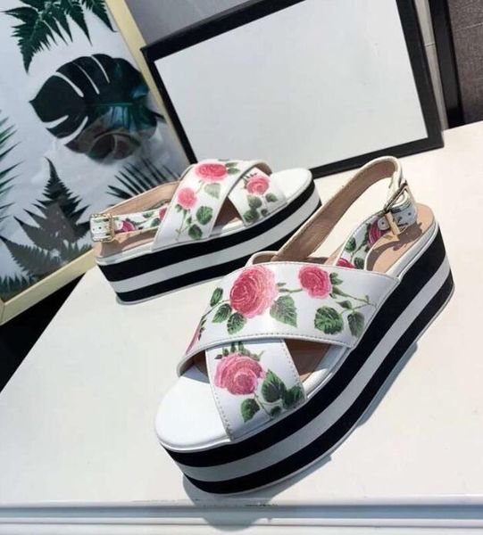 

7cm fish mouth women outdoor wedges sandals embroidery designer flowers bees lady platform shoes slides femininas pantshoes plus size 41 42, Black