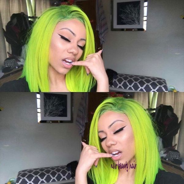 

9a side part brazilian full short lace front wigs fluorescent green synthetic bob wig for women blonde/blue/pink /red color, Black