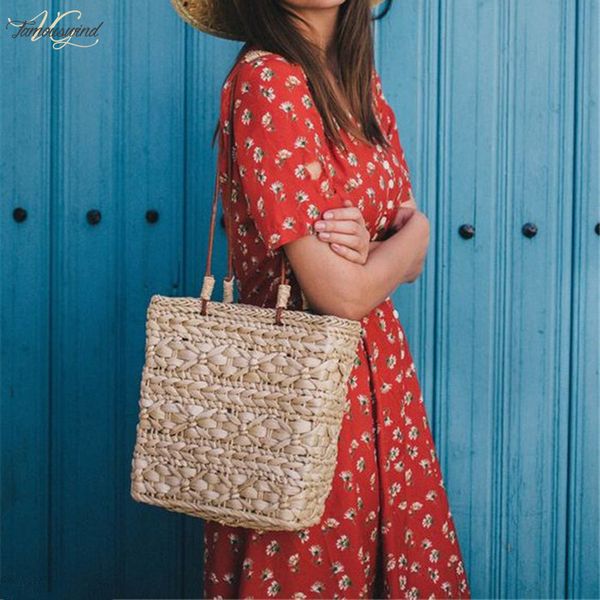 

new handmade woven handbags for women fashion rattan bag cowhide handle design shoulder bag boho female straw beach bag