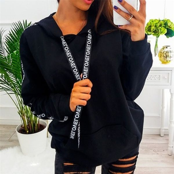 

kpo oversize outwear women plus size long sleeve solid sweatshirt hooded pullover shirt korean style winter casual fleece, Black