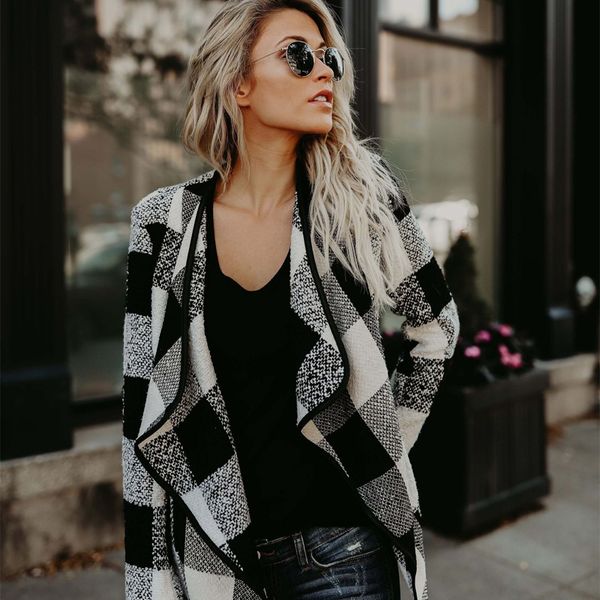 

women winter warm cotton wollen plaid coat jacket fashion lapel trench parka outwear cardigan, Black;brown