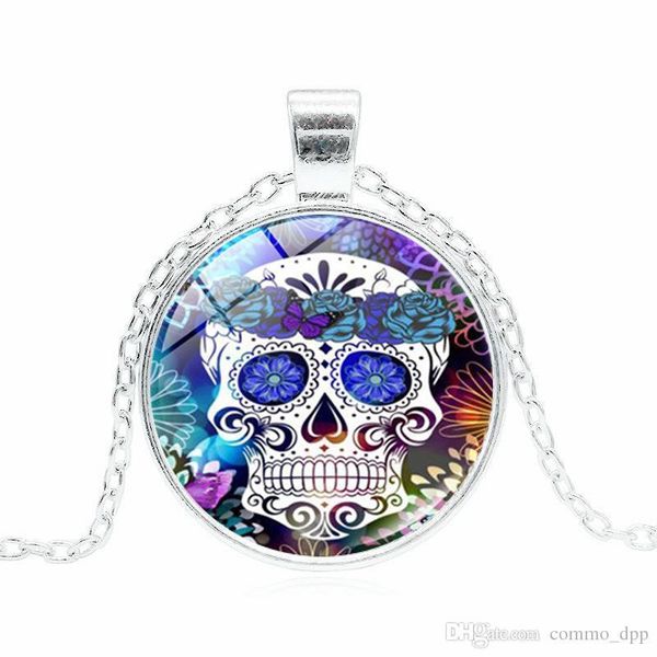 

classic mexican sugar skull necklaces for women men flower skeleton glass cabochon pendant chains day of the dead holiday jewelry, Silver