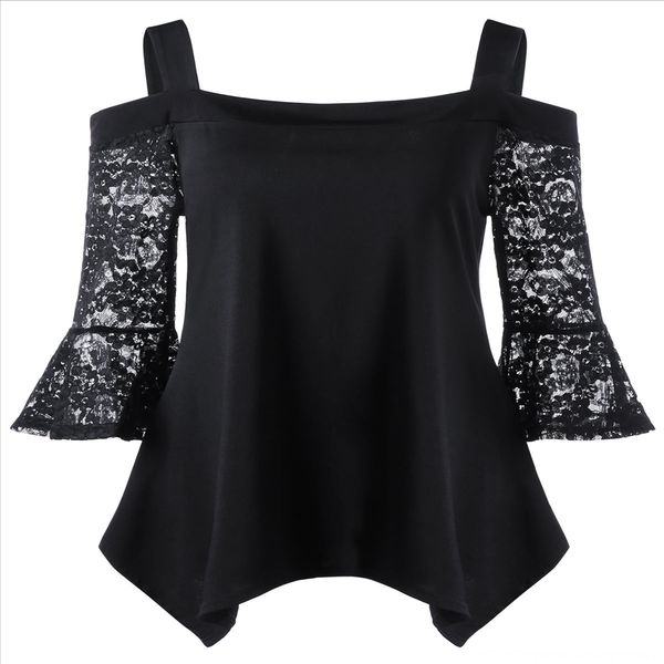 

women's shoulder long sleeve straps shoulder lace lace sleeve t-shirt large size top, White