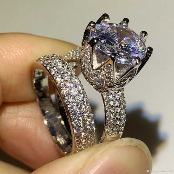 

choucong brand new luxury jewelry 925 sterling silver couple rings round cut white z cz diamond women wedding bridal crown ring set gift, Slivery;golden
