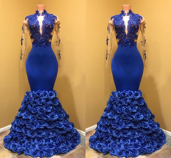 

blue hand made flowers evening gowns with illusion long sleeve mermaid style applique beaded sequins high neck prom dress formal dresses, Black;red