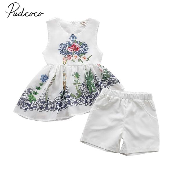 

2019 children summer clothing summer infant baby girls flowers sleeveless chiffon tops t-shirt shorts 2pcs outfits set clothes, White