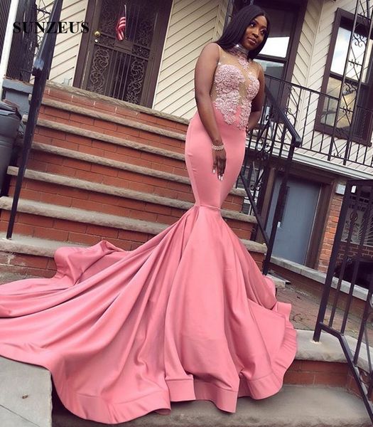 

amazing black girl mermaid prom dresses high neck beaded appliqued formal dress sweep train satin plus size evening gowns