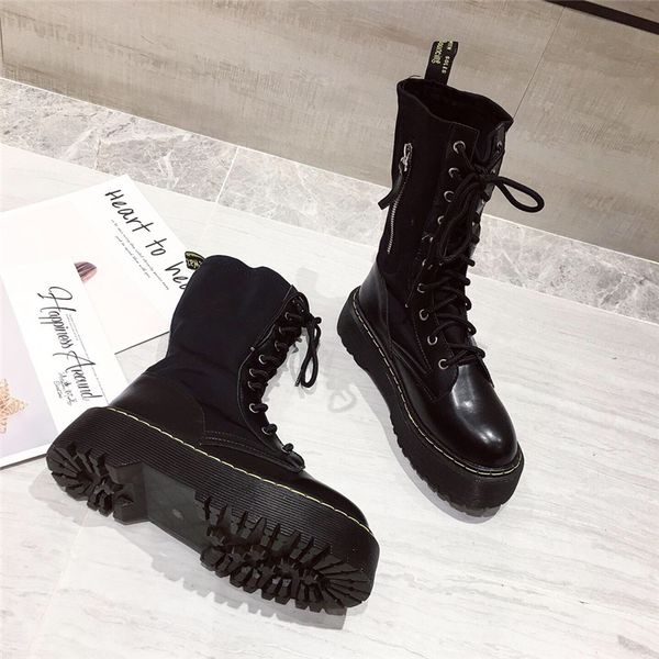 

2019 winter casual women lace up gothic boots designer black platform mid-calf boots black combat punk shoes botines mujer