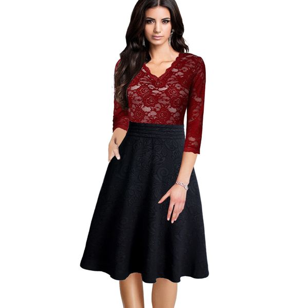 

vfemage женщин урожай элегантный see through flower lace добби ruched карманы vestidos pinup бизнес платье партии flare a-line 396, Black;pink