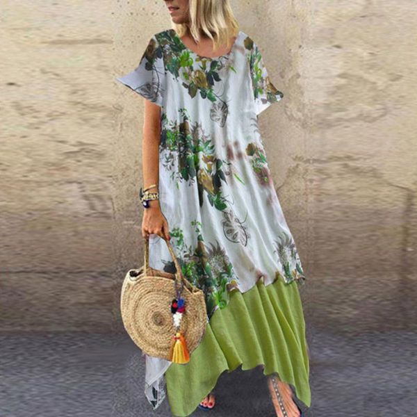 

women summer maxi dress 2020 short sleeve floral print boho beach dress ladies long evening party asymmetrical vestidos, Black;gray