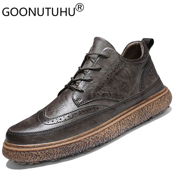 

2019 style fashion men's shoes casual genuine leather male comfortable lace up brogue shoe man solid nice platform shoes for men, Black