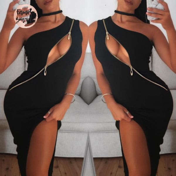 

мода женщин летнее платье-футляр одно плечо zipper платье выдалбливают maxi платья женские new split партии clubwear дизайнер одежды, Black;gray