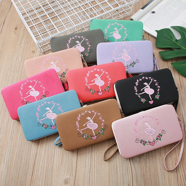 

luxury women dancing girls embroidered wristlets coins purse card wallet long clutches cell phone pocket organizer wallets girls handbag, Red;black