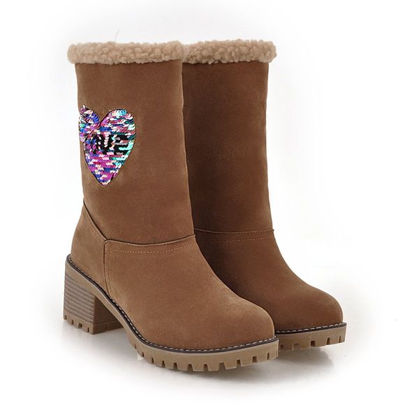 

2019 warm woman mid-calf boots ladies platform glitter round toe autumn winter slip-on martin snow boots flock leather heart-shaped adf-9872, Black