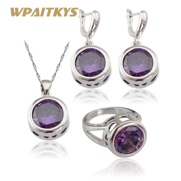 

wpaitkys silver color jewelry sets for women round purple cubic zirconia pendant necklace earrings rings gift box, Slivery;golden