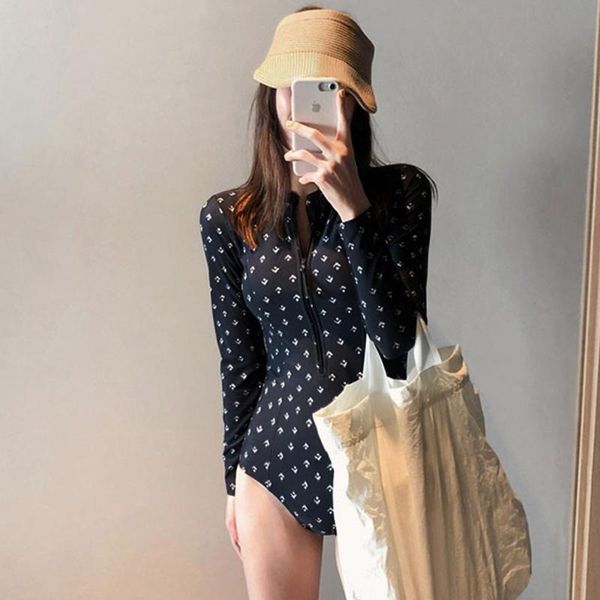 

long sleeve rash guard women dot one piece rashguards zipper swimwear high neck swimsuit for diving pad bathing suit korea style