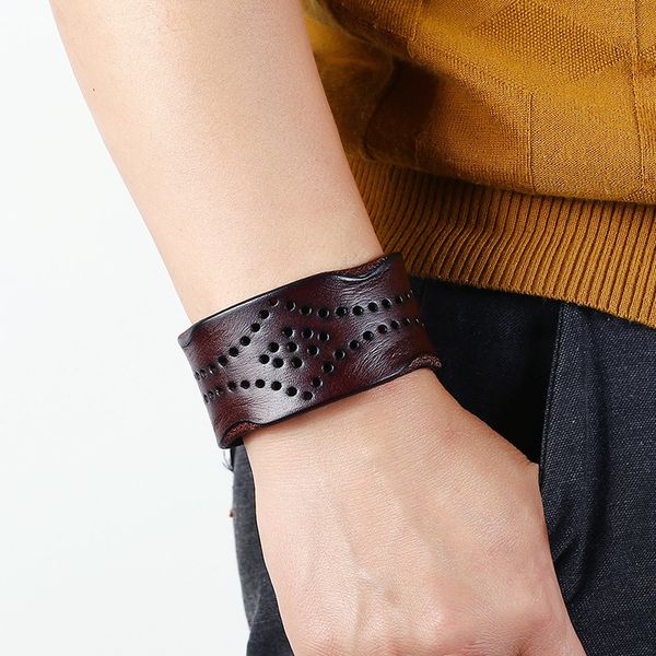 

2019 europe and the united states new retro wide leather hollow bracelets bohemian style men's jewelry factory direct sales, Golden;silver