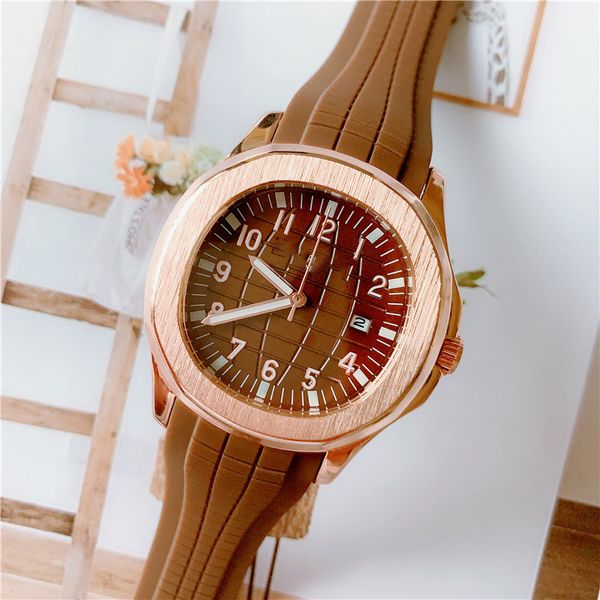 

men's watch stainless steel dial silicone strap fashion sports business automatic date quartz watch men, Slivery;brown