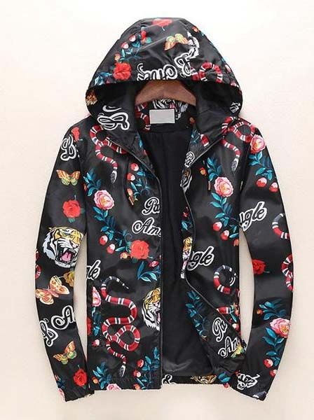 

new trend personality mens designer jackets side slit pocket hooded jacket fashion tiger print youngth windbreaker 3 colors, Black;brown
