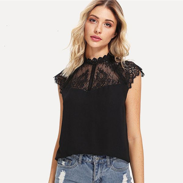 

womens summer blouse black lace weekend casual elegant office ladies stand collar cap sleeve solid summer women sheer blouse, White