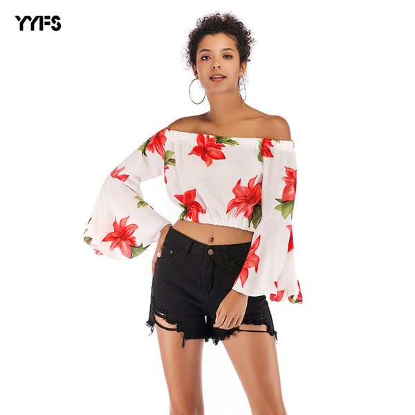 

womens designer shirt large size printed chiffon female broken flower season loose horn long sleeve shirt hipstero0mj, White