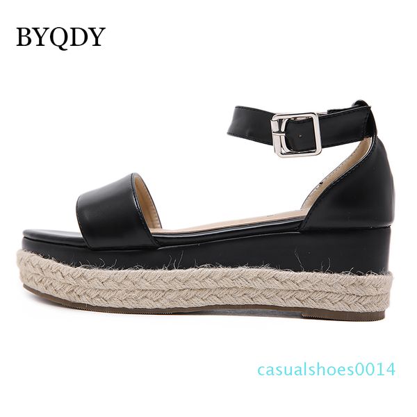 

byqdy woman ankle strap block heel sandals lady strap platform height increasing gladiator shoes lady summer leather sandals c14, Black