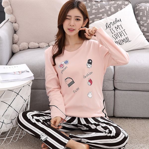 

women's nightwear girls pajamas knit cotton long sleeve comfortable sleepwear, Blue;gray