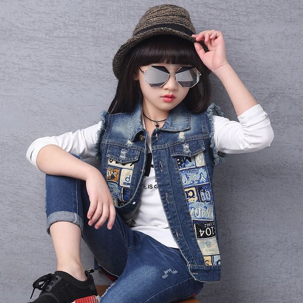

denim vest for girl 2018 sping fall sleeveless waistcoat for children cute girl clothes coats kids baby print outerwear jackets, Blue