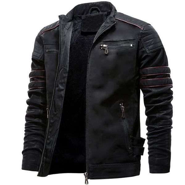 

autumn mens casual leather jacket winter inner fleece cargo coat pu leather waterproof jackets, Black