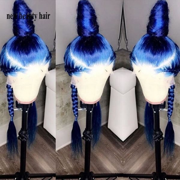 

Stock simulation human hair lace wig Perruque Frontal Full blue color wig Long straight synthetic Lace Front Cosplay Wig For Women