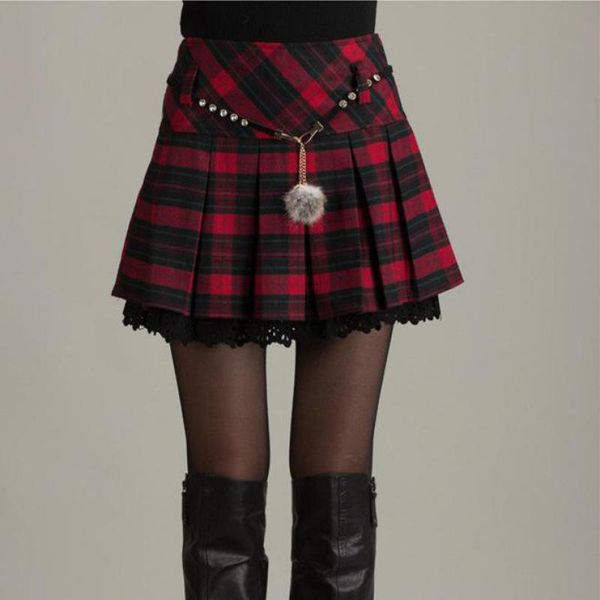 

2020 осень новая мода все матча волан клетчатые юбки плиссированные юбки подложка шерсть мини юбка с сияющий талия цепи free shippi, Black