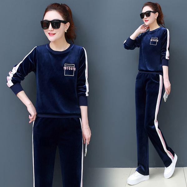 

autumn women sport suit tracksuit stripe print velour sweater sweatshirt+sweatpant casual jogger running outfit set sportswear, Black;blue