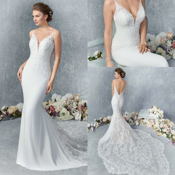 

modest mermaid kenneth winston wedding dresses spaghetti sleeveless satin applique backless wedding gown sweep train robe de mariÃ©e, White