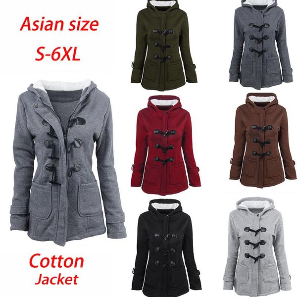 

плюс размер / женские зимние пальто с капюшоном средней длины хлопкового пальто рога пряжка молния капюшоном куртки ветровка азиатского разм, Black;brown