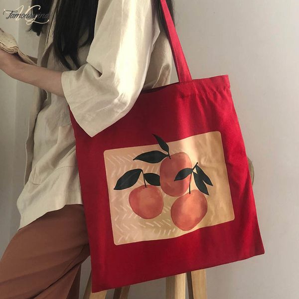 

korean cartoon ins peach print art casual fashion red shoulder bag large capacity japanese chic zipper canvas vintage crossbody bags
