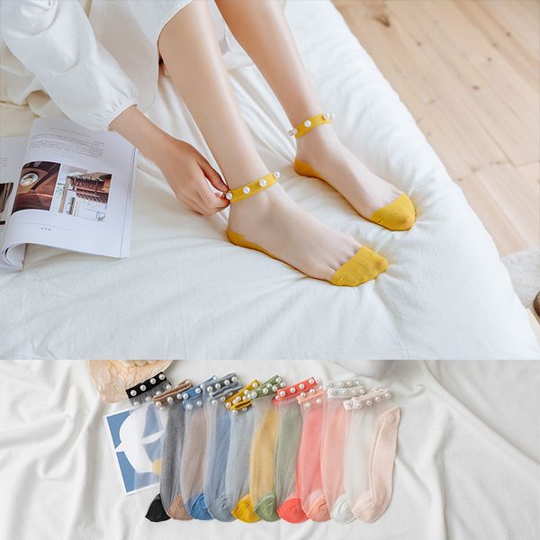 

socks & hosiery pearl ruffle stitching sheer ankle sweet girl women mesh nylon ultra cute glass colorful ladies low cut sock, Black;white