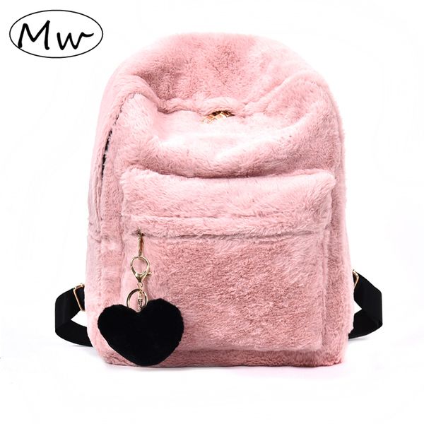 

moon wood cute solid faux fur backpack heart pendant winter soft women's big plush backpack pink black white rucksack mochila