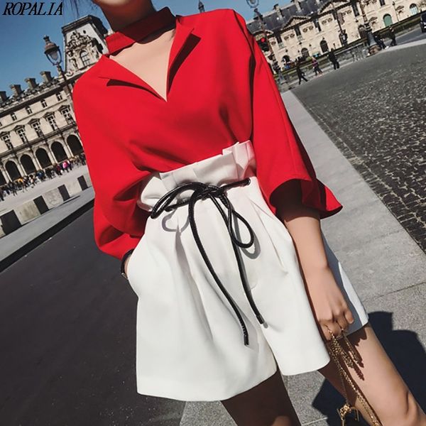 

women's fashion half sleeve solid and high waist shorts sets halter v-neck sweet shirts + lace-up wide leg shorts 2019, White