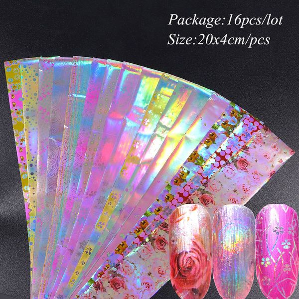 

16pcs holographic nail foil set colorful mix flower design transfer stickers sliders for nail art decoration decals, Black
